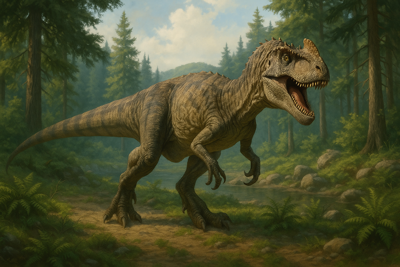 Représentation de Allosaurus dans son environnement naturel.