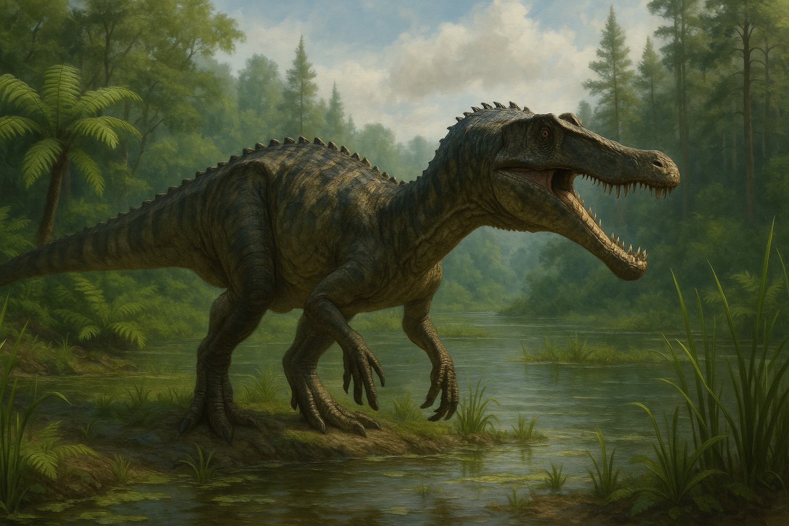 Baryonyx Dico Des Dinos Représentation de Baryonyx dans son environnement naturel.