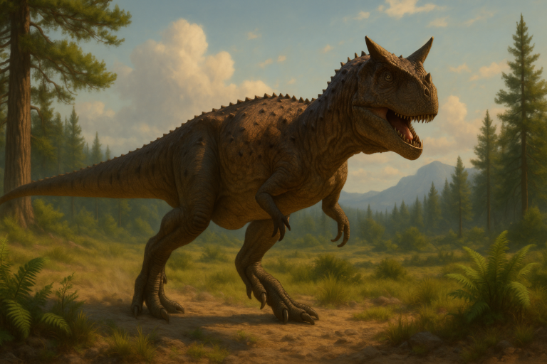 Représentation de Carnotaurus dans son environnement naturel.