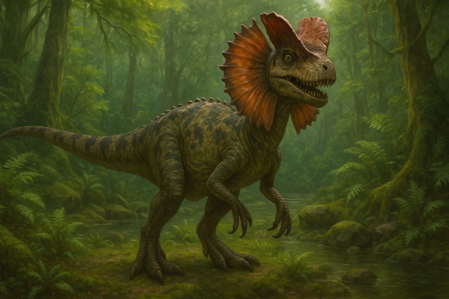 Représentation de Dilophosaurus dans son environnement naturel.