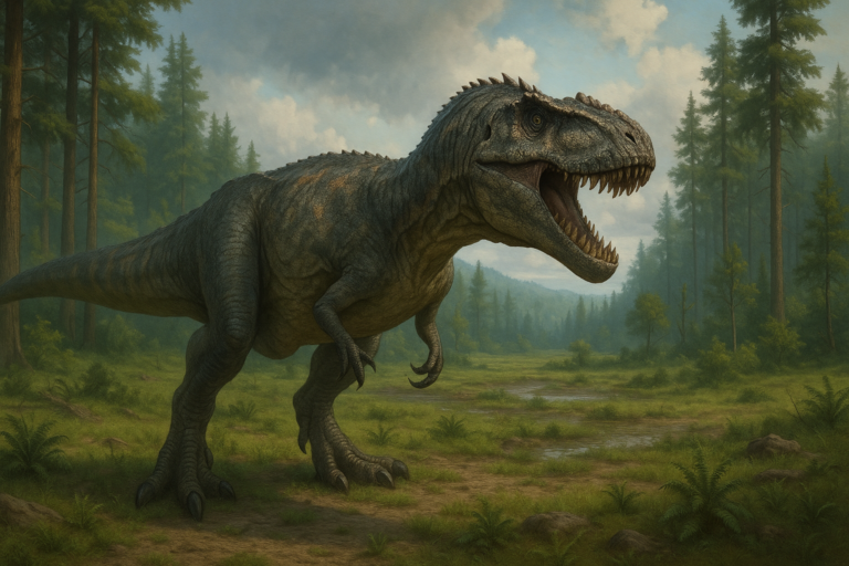Représentation de Giganotosaurus dans son environnement naturel.