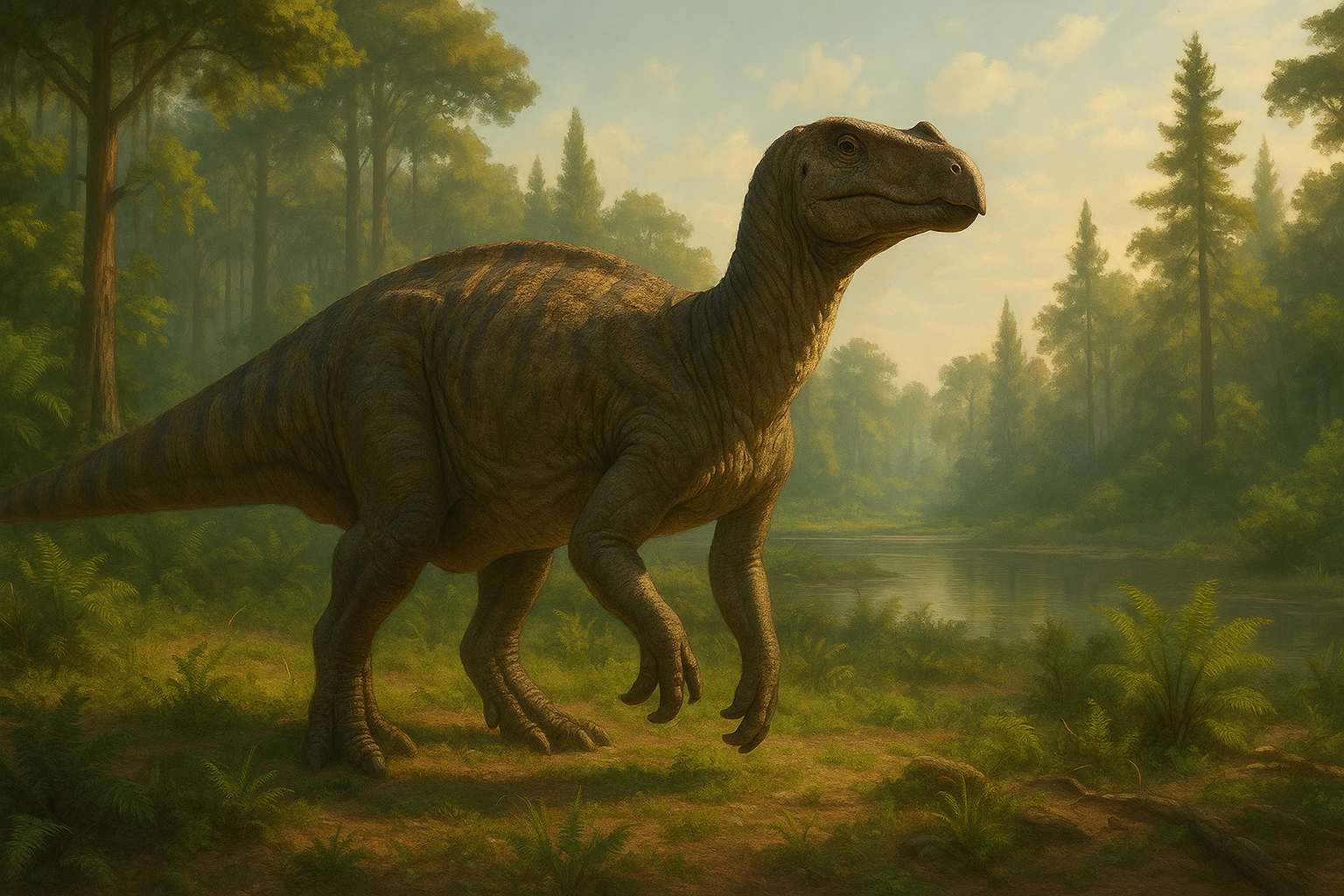 Représentation de Iguanodon dans son environnement naturel.