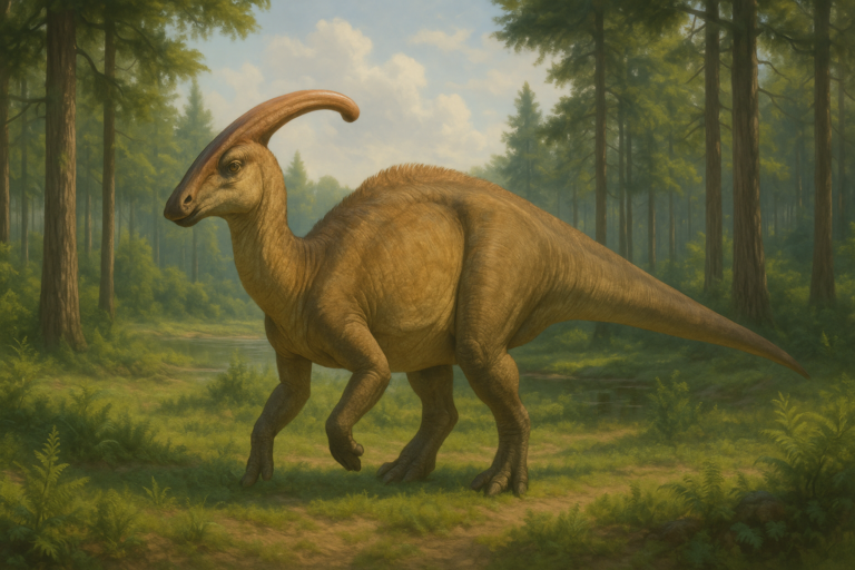 Représentation de Parasaurolophus dans son environnement naturel.
