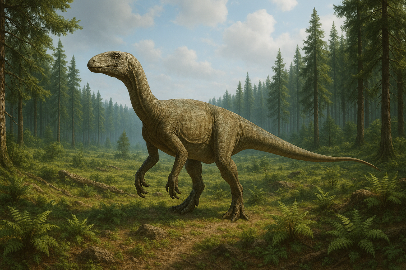 Représentation de Plateosaurus dans son environnement naturel.