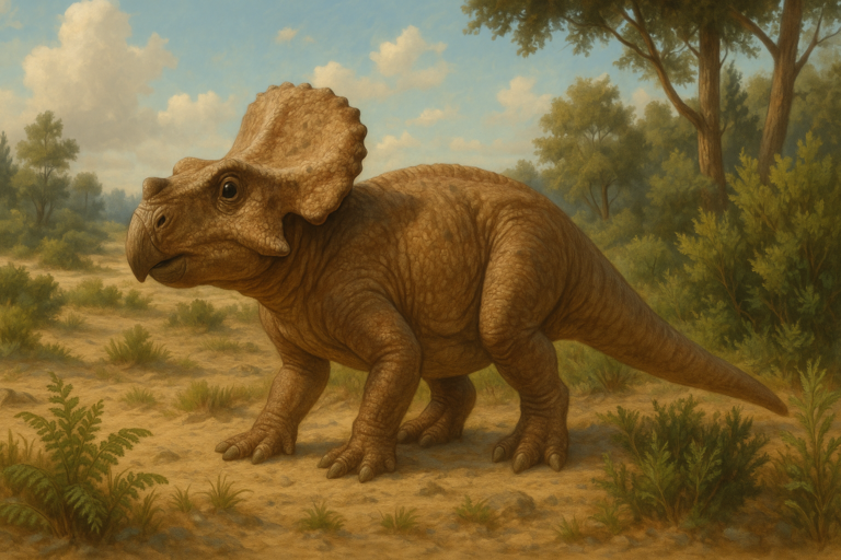 Représentation de Protocératops dans son environnement naturel.