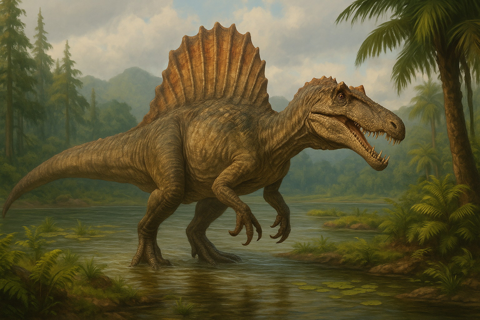 Représentation de Spinosaurus dans son environnement naturel.