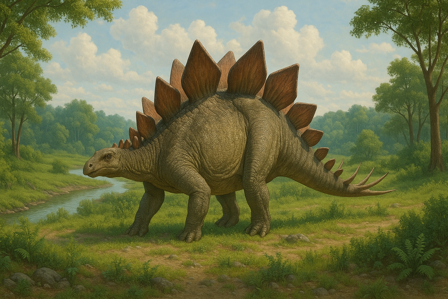 Représentation de Stegosaurus dans son environnement naturel.