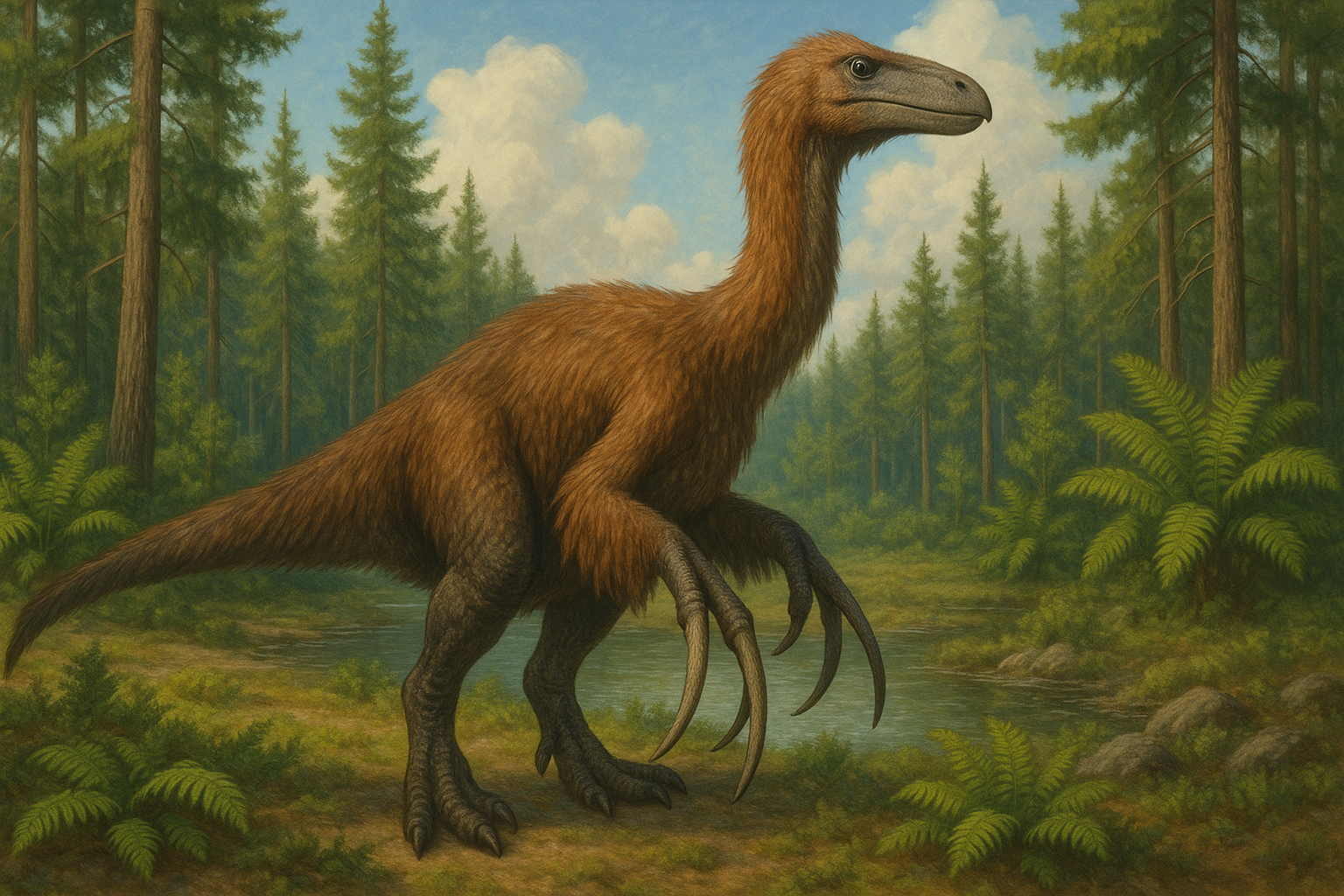 Représentation de Therizinosaurus dans son environnement naturel.