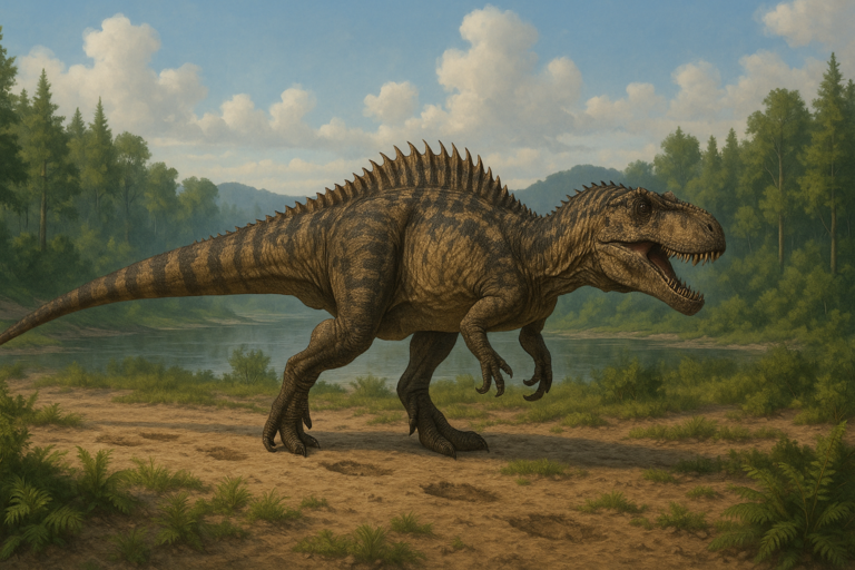 Représentation de Acrocanthosaurus dans son environnement naturel.