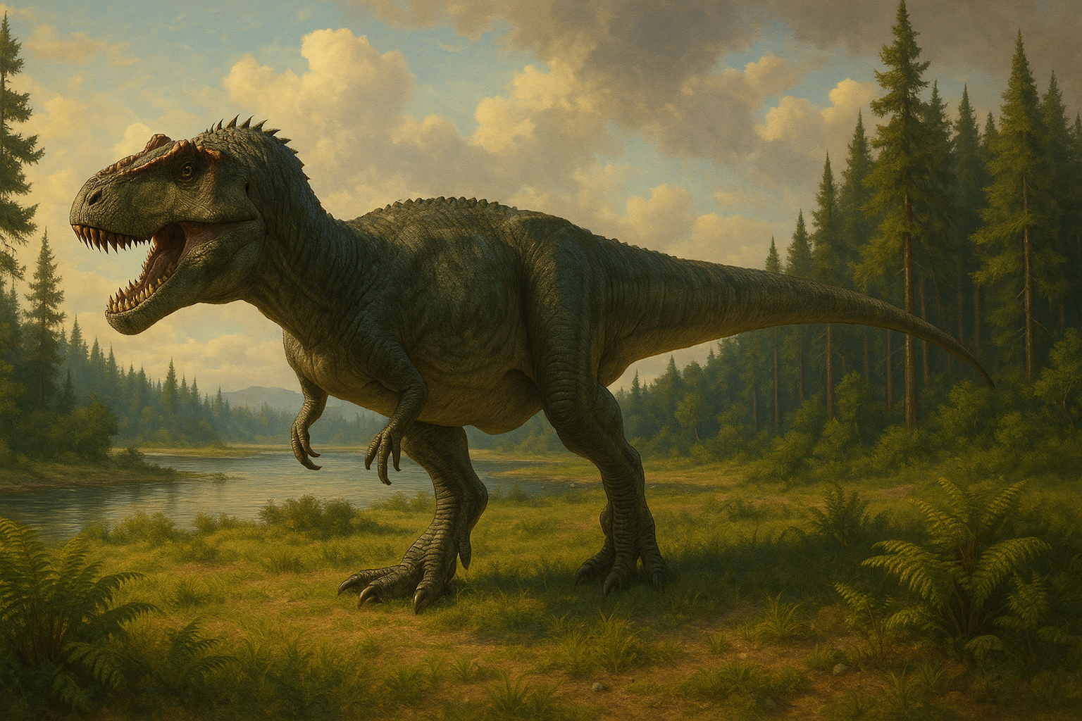 Représentation de Albertosaurus dans son environnement naturel.