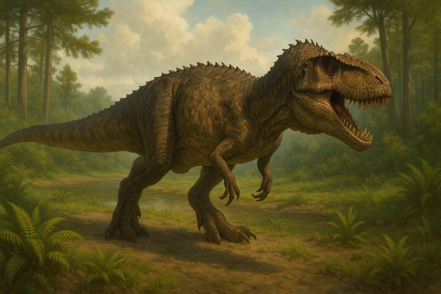 Représentation de Carcharodontosaurus dans son environnement naturel.