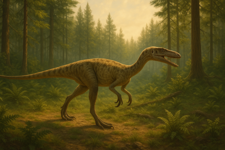 Représentation de Coelophysis dans son environnement naturel.