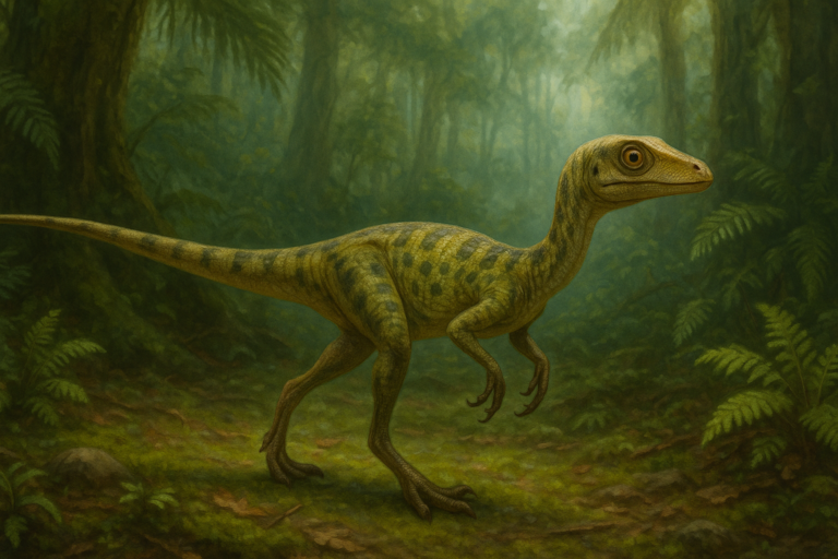 Représentation de Compsognathus dans son environnement naturel.