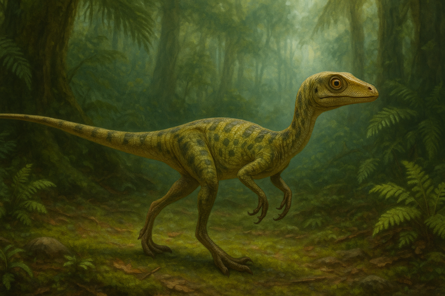 Compsognathus Dico Des Dinos Représentation de Compsognathus dans son environnement naturel.