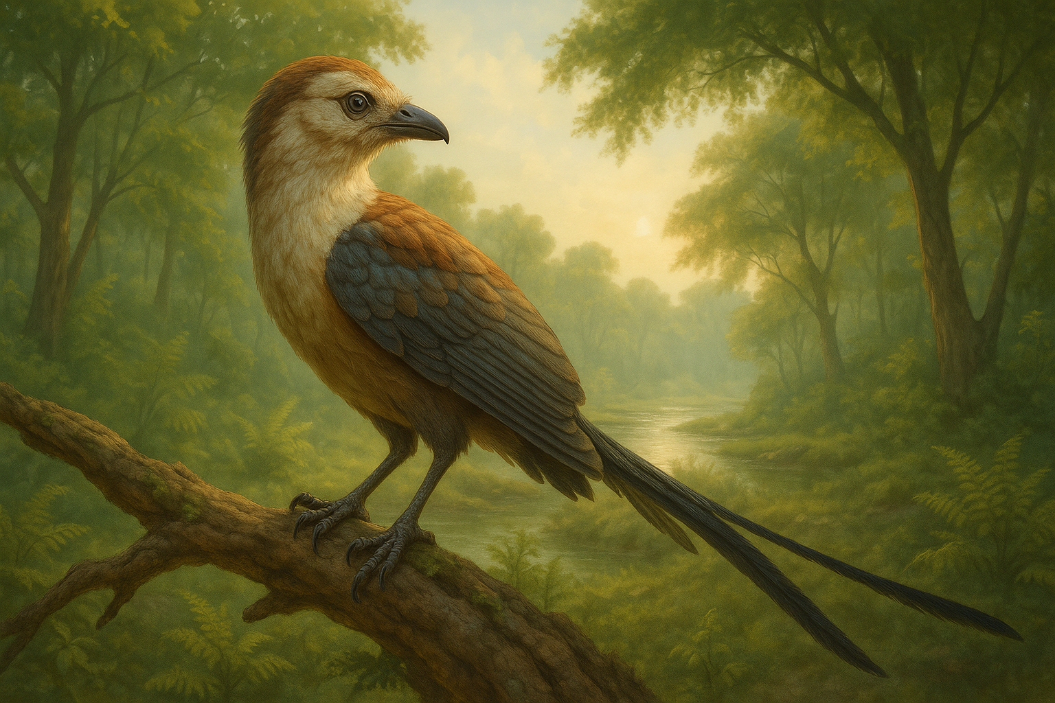 Représentation de Confuciusornis dans son environnement naturel.