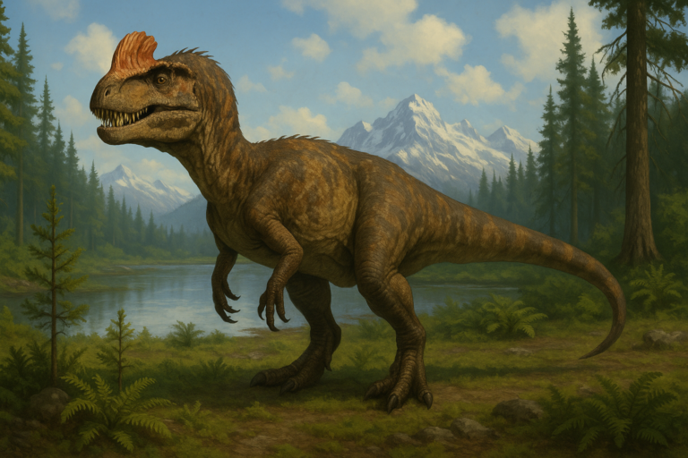 Représentation de Cryolophosaurus dans son environnement naturel.