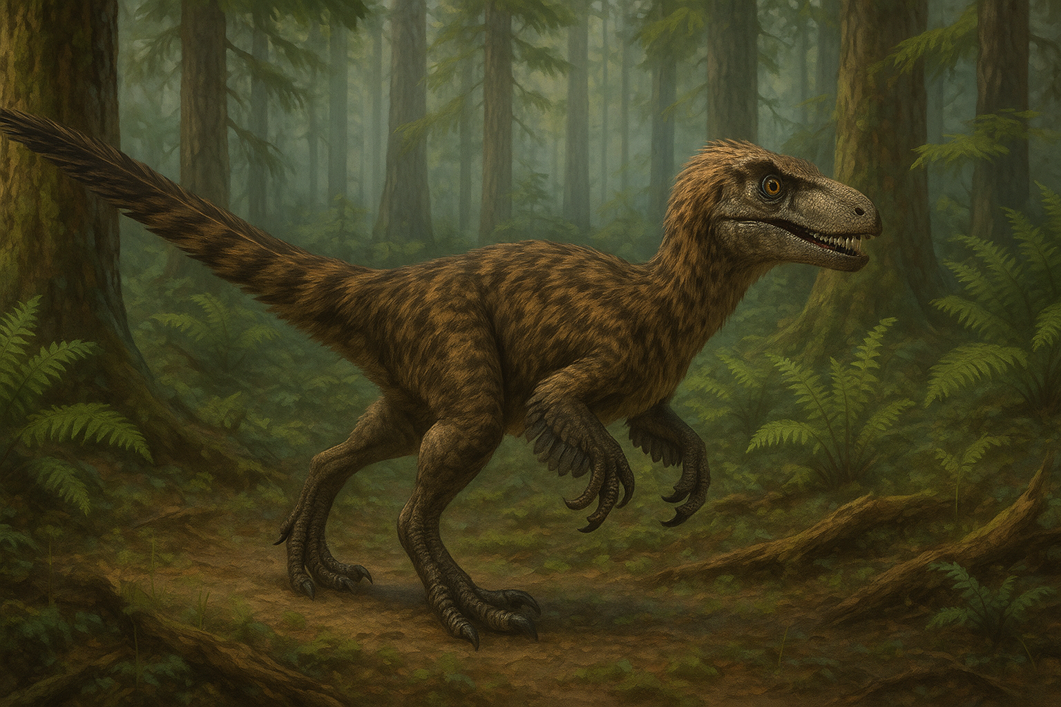Représentation de Dromaeosaurus dans son environnement naturel.