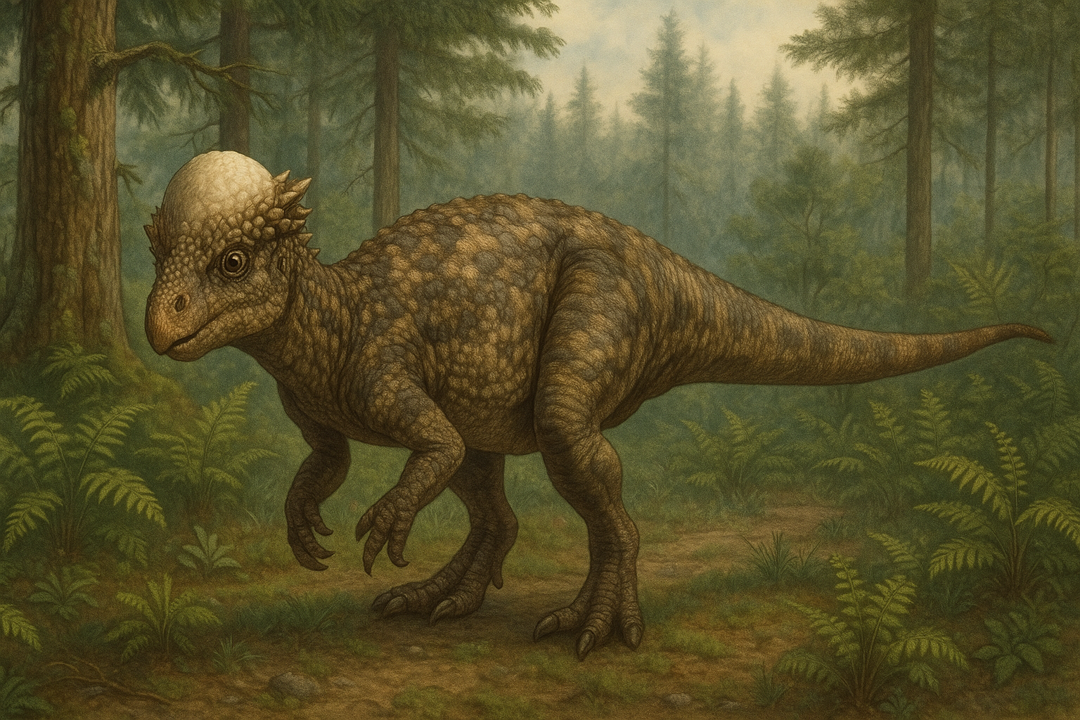 Pachycephalosaurus Dico Des Dinos Représentation de Pachycephalosaurus dans son environnement naturel.