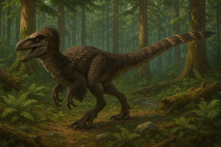 Représentation de Utahraptor dans son environnement naturel.