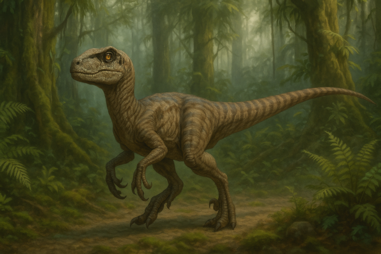 Représentation de Velociraptor dans son environnement naturel.