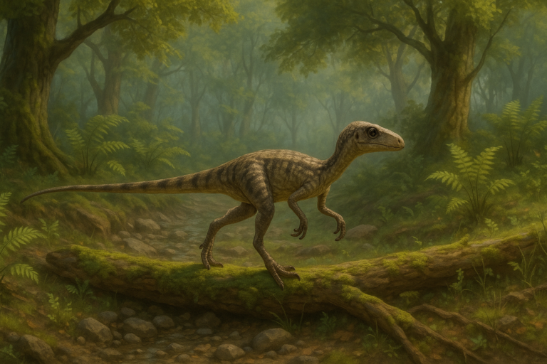 Représentation de Eoraptor dans son environnement naturel.