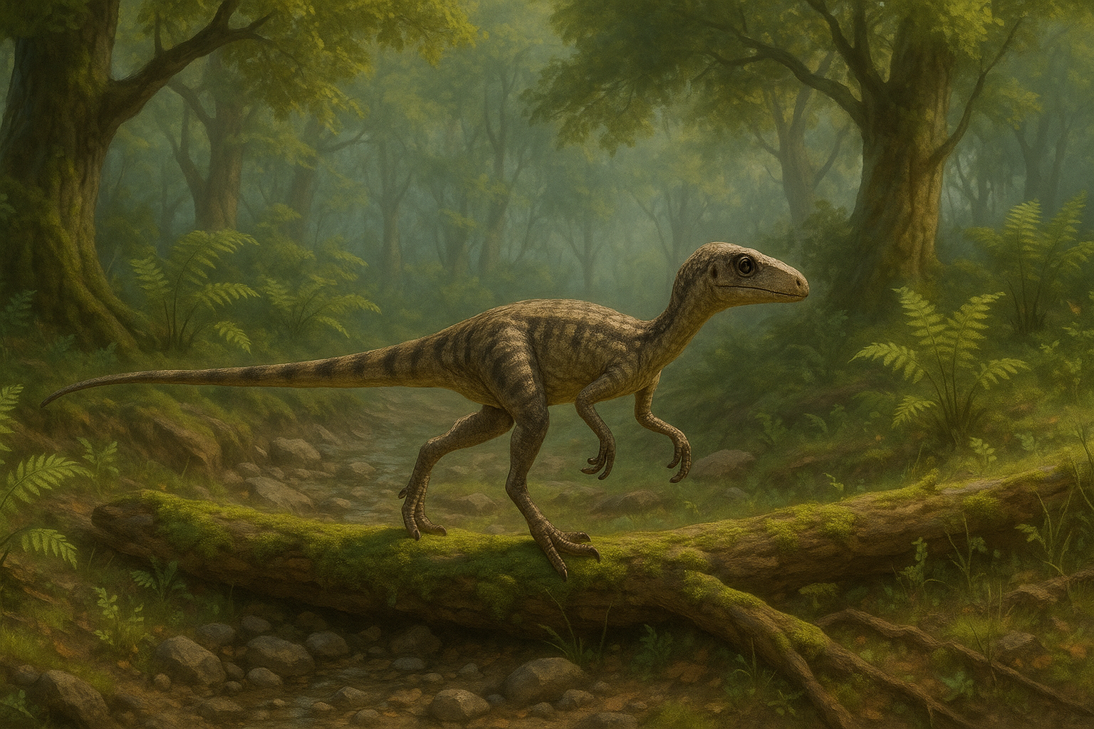 Représentation de Eoraptor dans son environnement naturel.