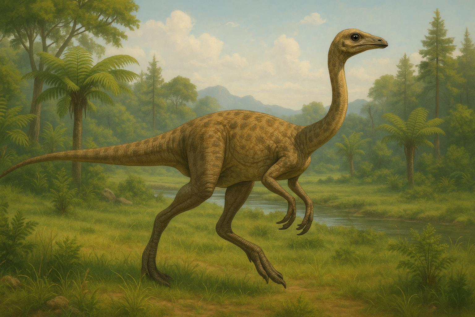 Représentation de Gallimimus dans son environnement naturel.