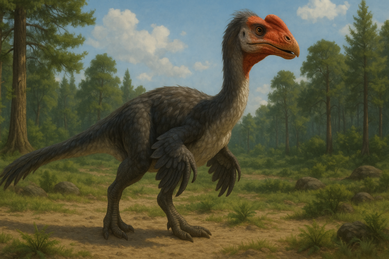 Représentation de Gigantoraptor dans son environnement naturel.