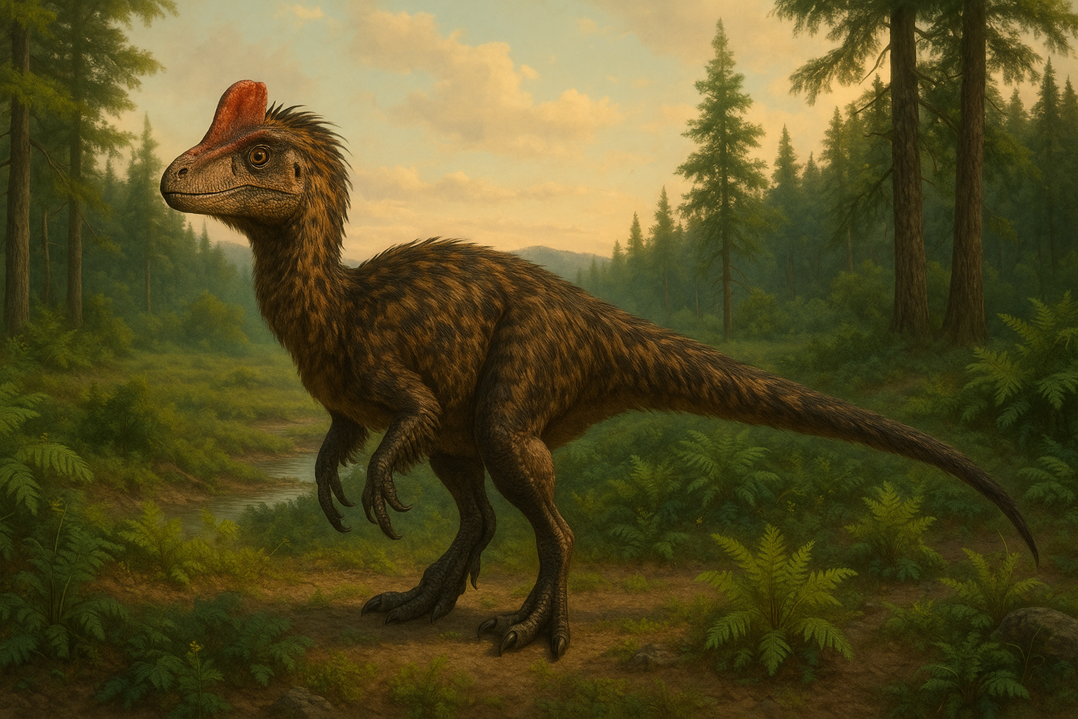 Représentation de Guanlong dans son environnement naturel.