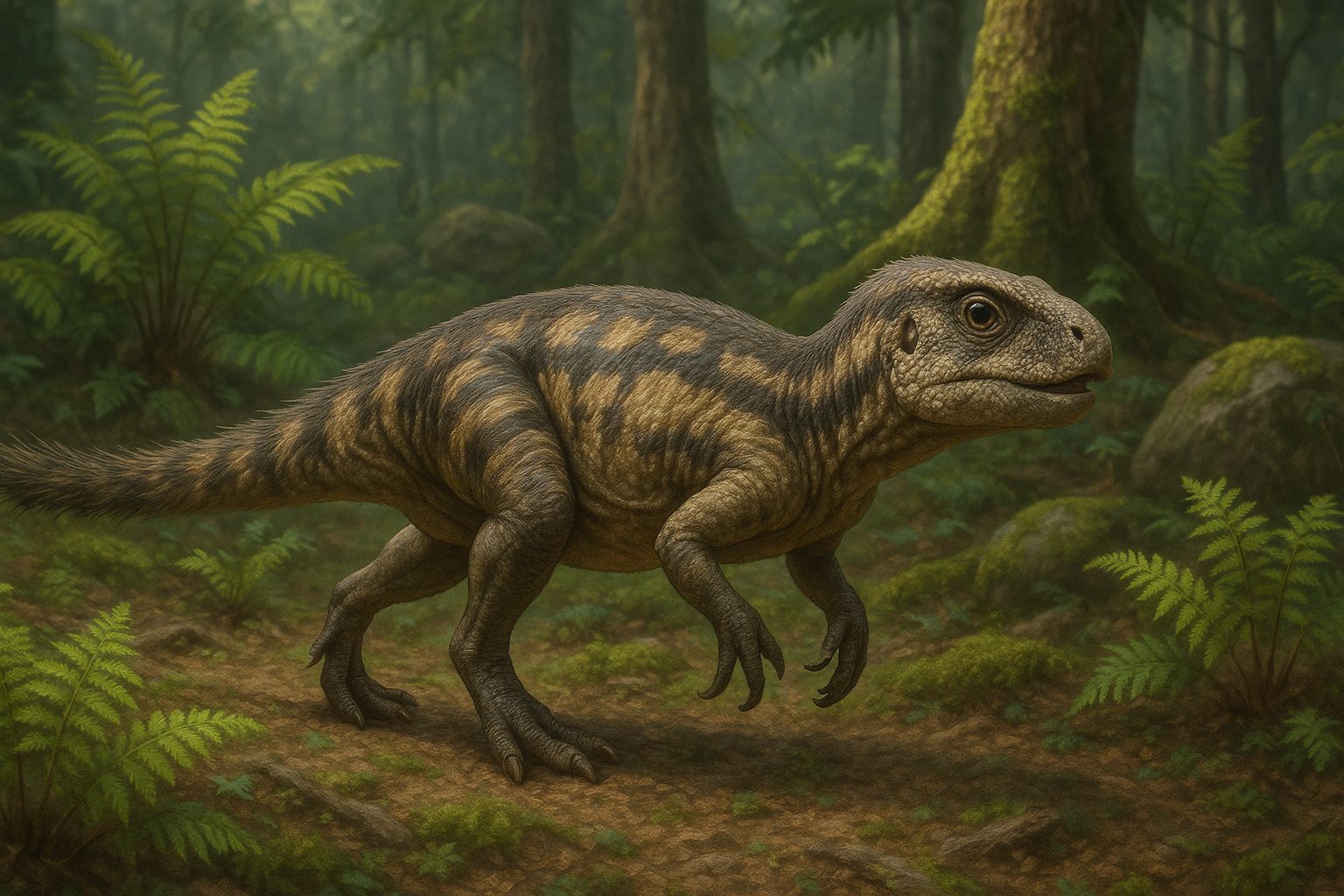 Représentation de Heterodontosaurus dans son environnement naturel.