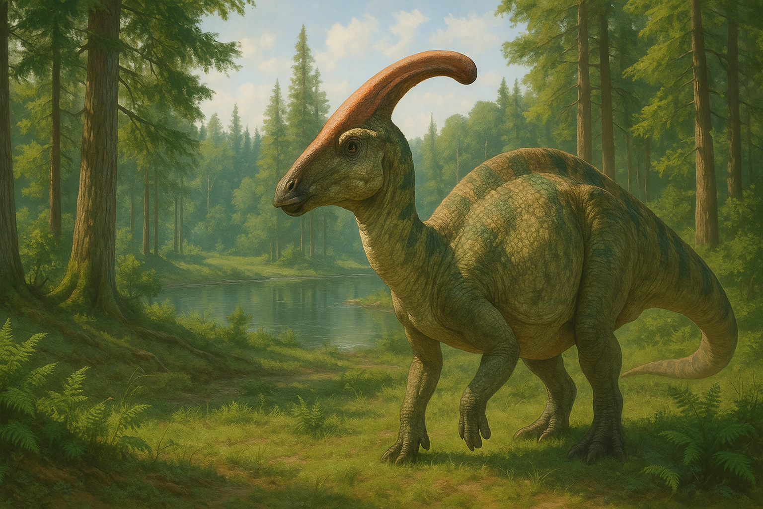 Représentation de Lambeosaurus dans son environnement naturel.