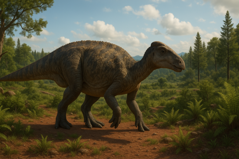 Représentation de Maiasaura dans son environnement naturel.