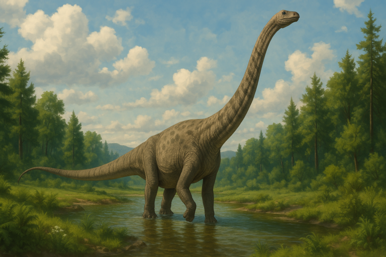Représentation de Mamenchisaurus dans son environnement naturel.