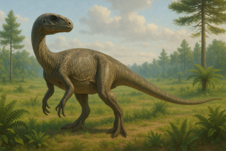 Représentation de Massospondylus dans son environnement naturel.