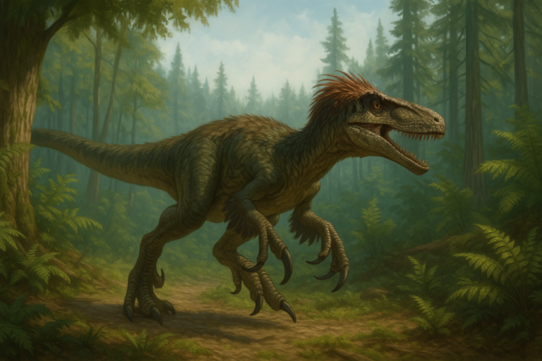 Représentation de Megaraptor dans son environnement naturel.