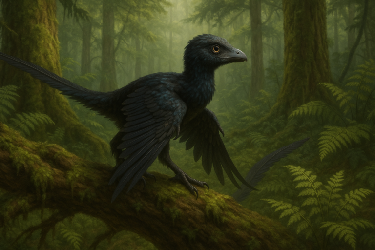 Représentation de Microraptor dans son environnement naturel.