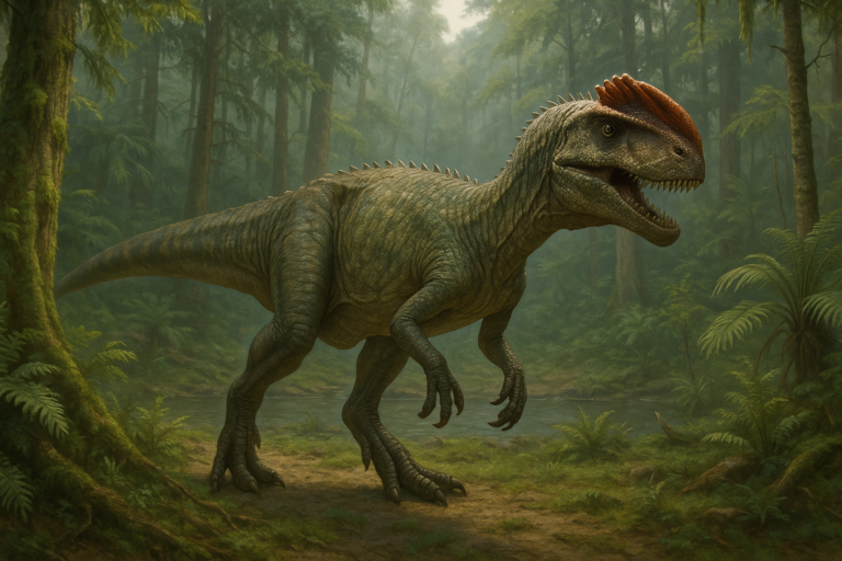 Représentation de Monolophosaurus dans son environnement naturel.