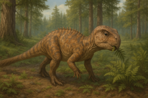 Représentation de Psittacosaurus dans son environnement naturel.