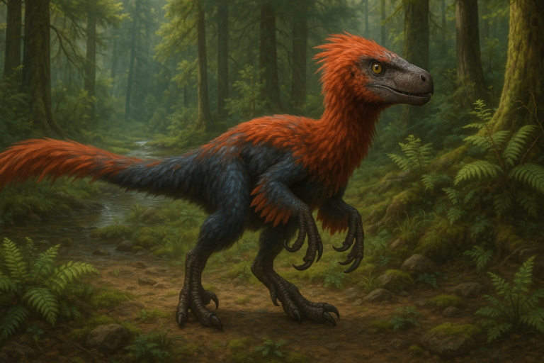 Représentation de Pyroraptor dans son environnement naturel.