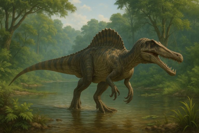 Représentation de Suchomimus dans son environnement naturel.