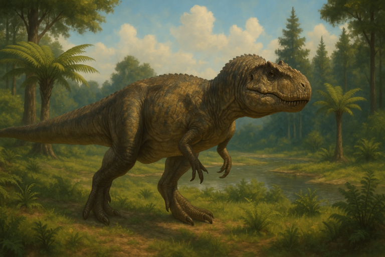 Représentation de Abelisaurus dans son environnement naturel.