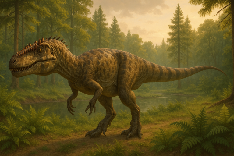 Représentation de Alioramus dans son environnement naturel.