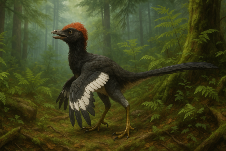 Représentation de Anchiornis dans son environnement naturel.