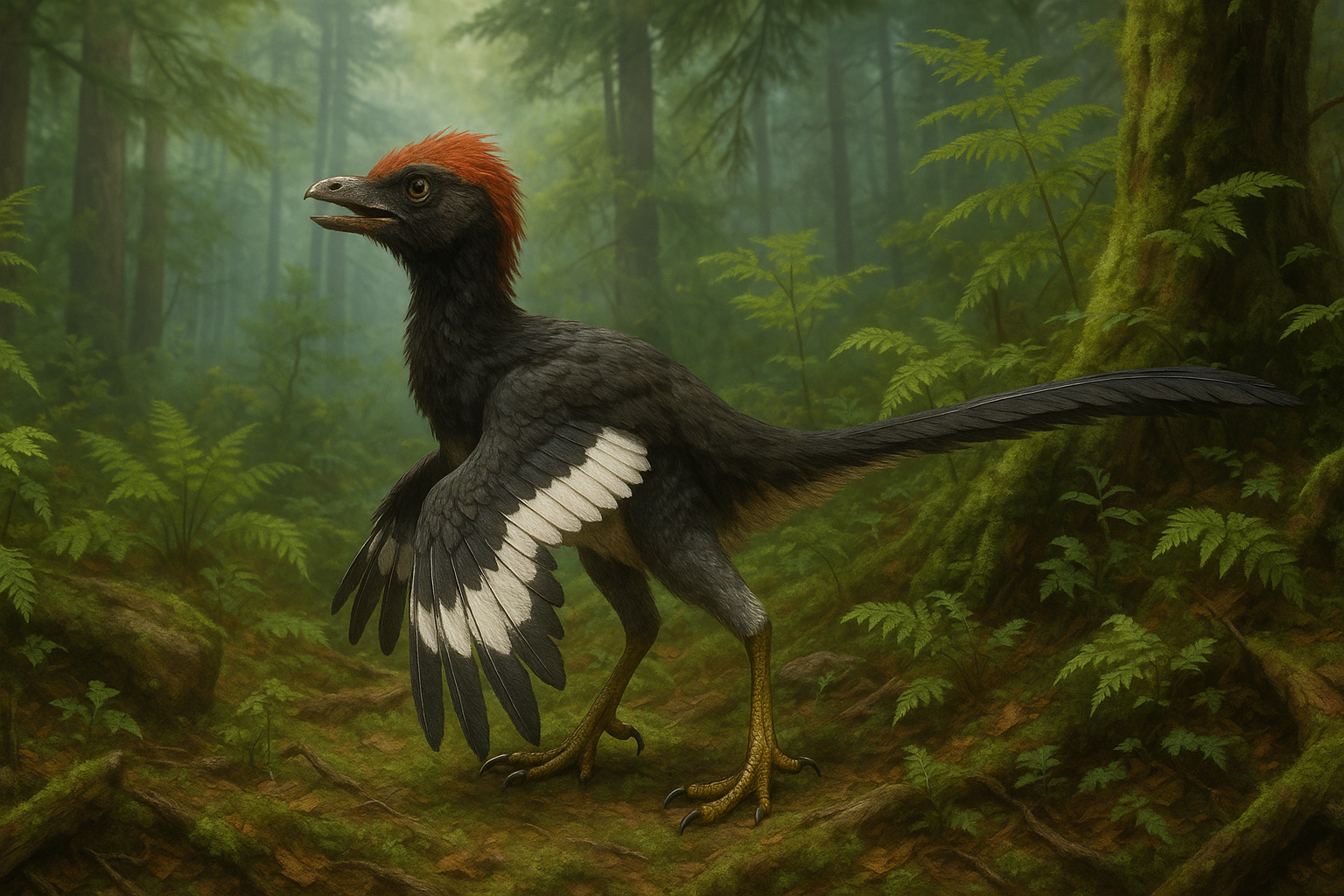 Anchiornis Dico Des Dinos Représentation de Anchiornis dans son environnement naturel.