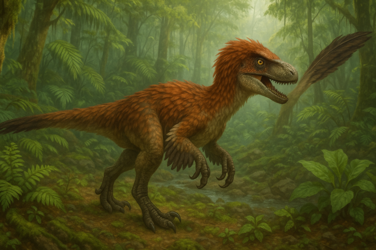 Représentation de Atrociraptor dans son environnement naturel.
