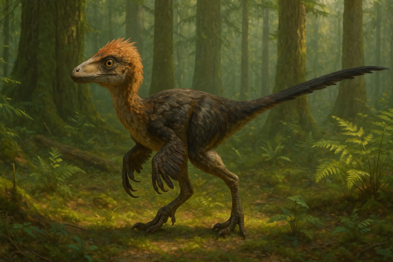 Représentation de Bambiraptor dans son environnement naturel.