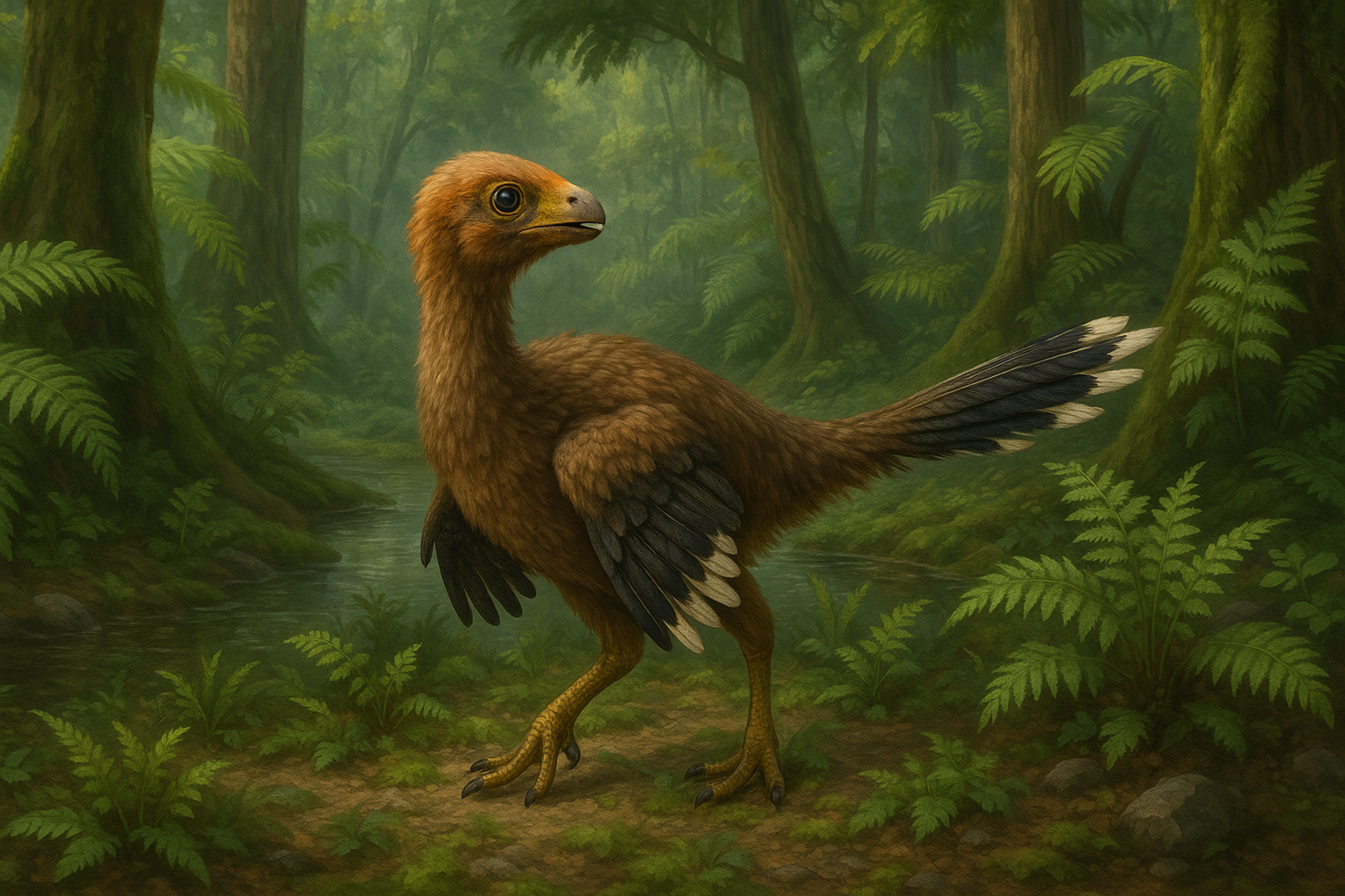 Représentation de Caudipteryx dans son environnement naturel.
