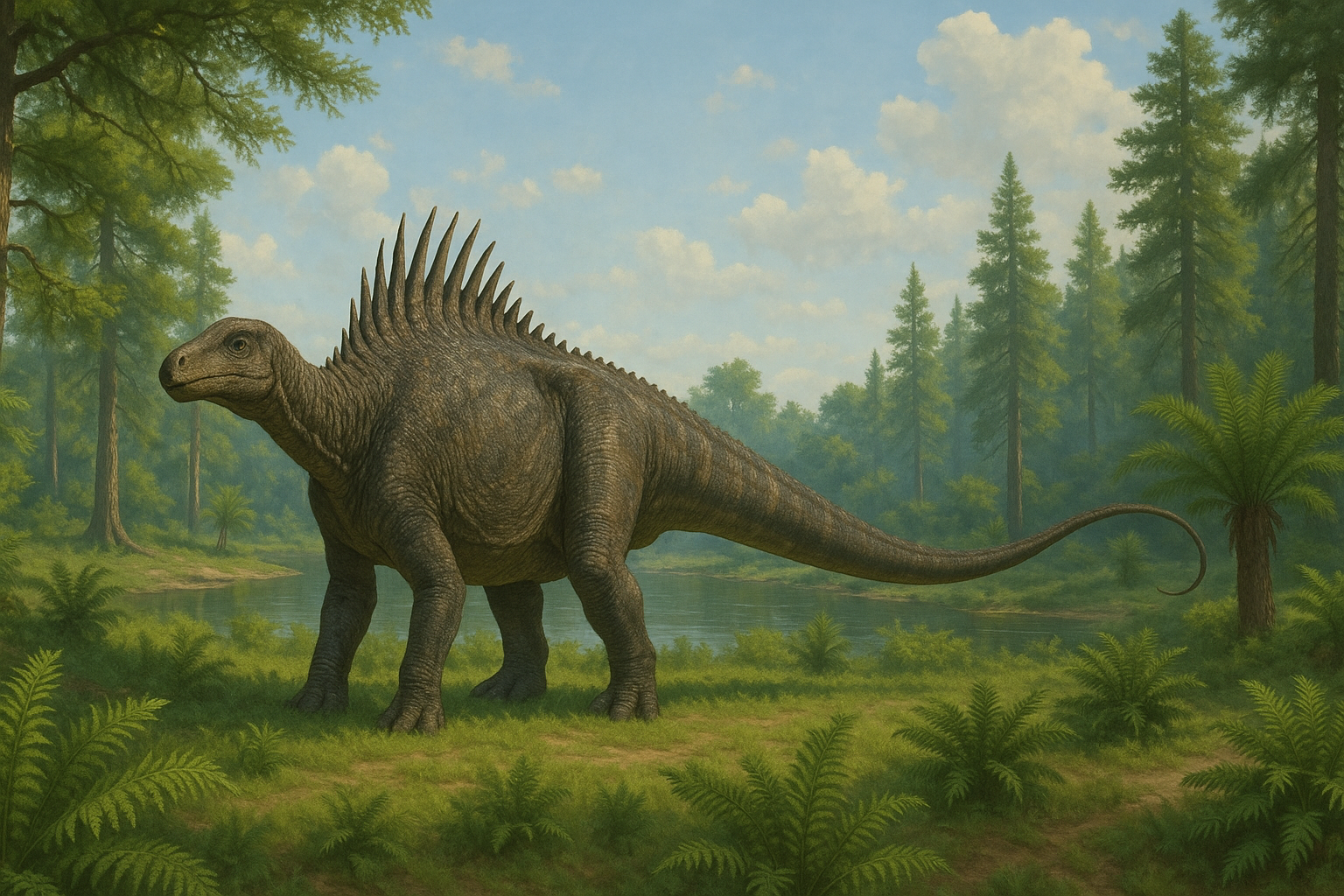 Représentation de Dicraeosaurus dans son environnement naturel.