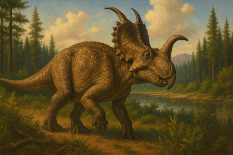 Représentation de Einiosaurus dans son environnement naturel.