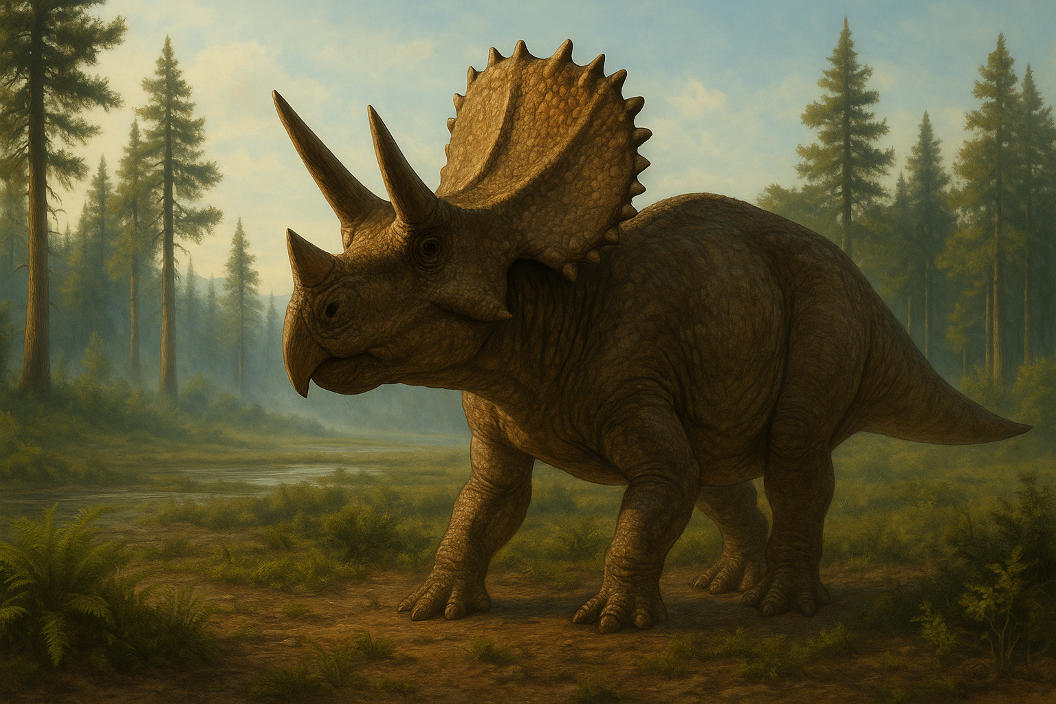Représentation de Eotriceratops dans son environnement naturel.
